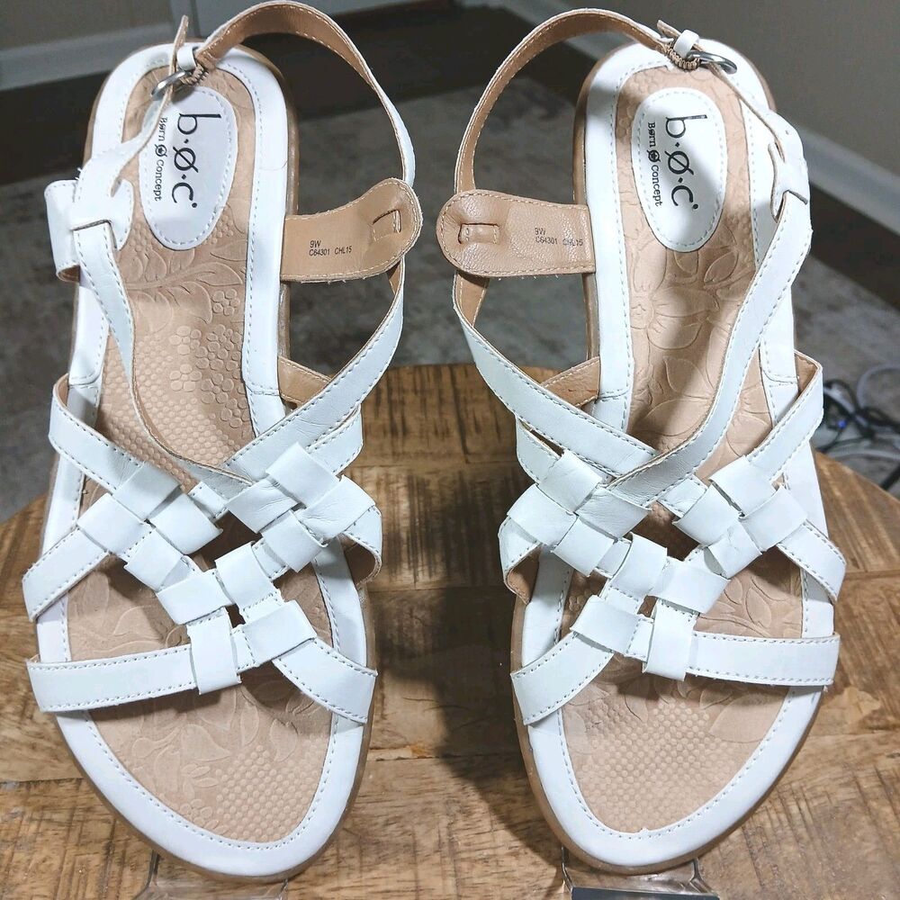 b.o.c. Born Concept White Leather Strappy Slingback Sandals Women's Size 9W...